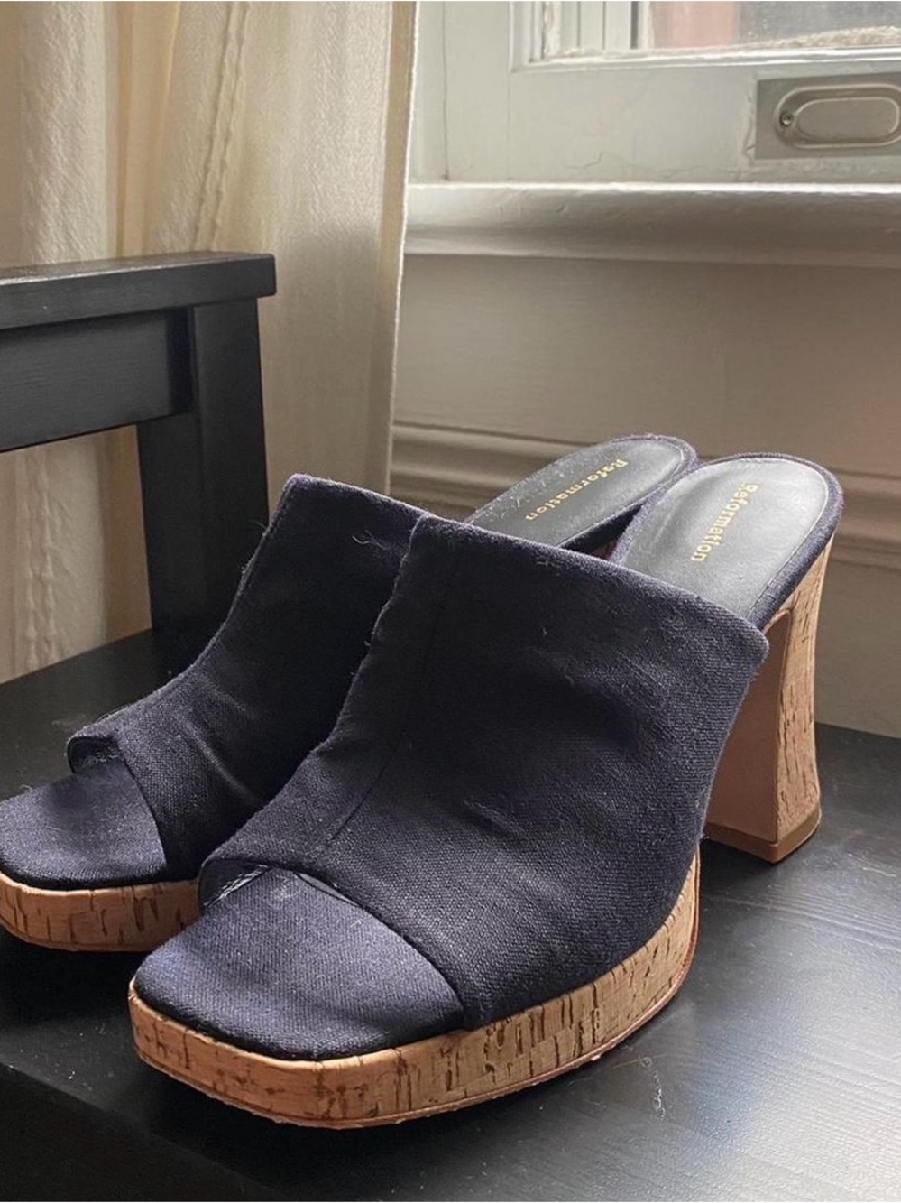 Reformation Black Fabric Cork Platform Mules
